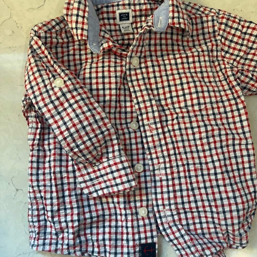 Janie and Jack Red, White and Blur Button Down Shirt